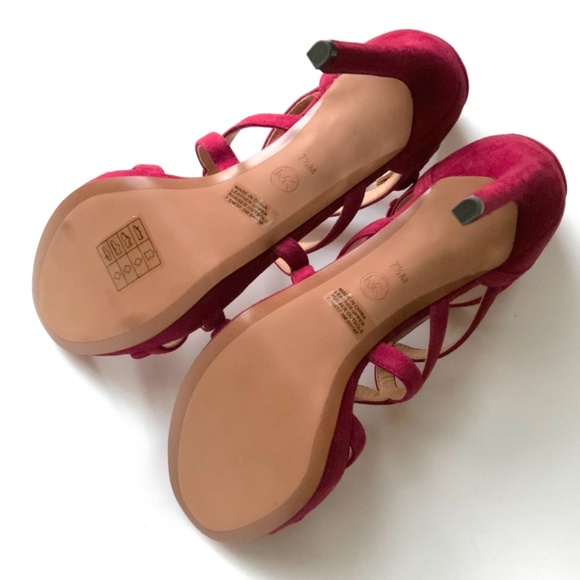 Michael Kors Sandra Silhouette Platforms Red Burgundy Suede Leather Sandals Heel - Picture 12 of 12